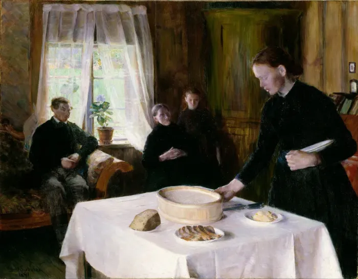 Framed Print : Laying the Table. Artist: Eiebakke, August (1867-1938) Framed Print : Laying the Table. Artist: Eiebakke, August (1867-1938)