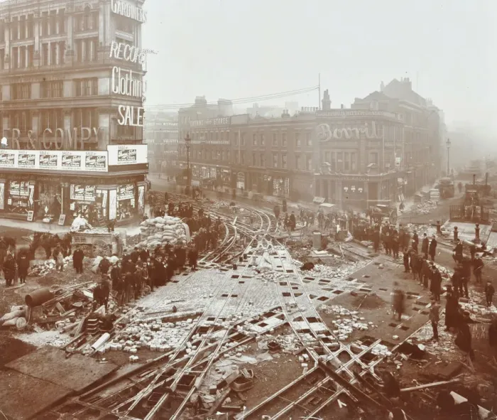 Framed Print : Laying tramlines at the junction of Whitechapel High Street and Commercial Road, London, 1907 Framed Print : Laying tramlines at the junction of Whitechapel High Street and Commercial Road, London, 1907