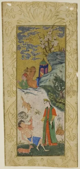 Framed Print : Layla Visiting Majnun in the Desert, page from a copy of the Khamsa Framed Print : Layla Visiting Majnun in the Desert, page from a copy of the Khamsa