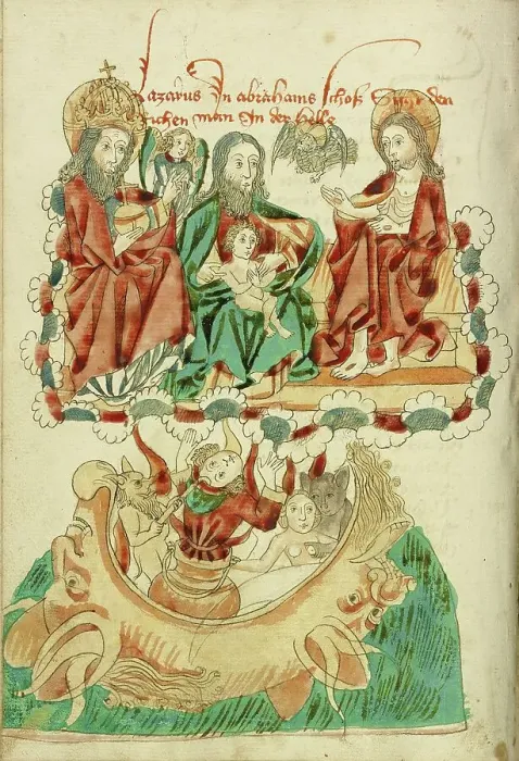 Framed Print : Lazarus in the Bosom of Abraham, The Rich Man in Hell; Barlaam und Josaphat, 1469. Creators: Hans Schilling, Diebolt Lauber Framed Print : Lazarus in the Bosom of Abraham, The Rich Man in Hell; Barlaam und Josaphat, 1469. Creators: Hans Schilling, Diebolt Lauber