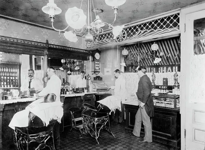 Framed Print : L.C. Wiseman, barber shop, New York City, between 1895 and 1910. Creator: Unknown Framed Print : L.C. Wiseman, barber shop, New York City, between 1895 and 1910. Creator: Unknown