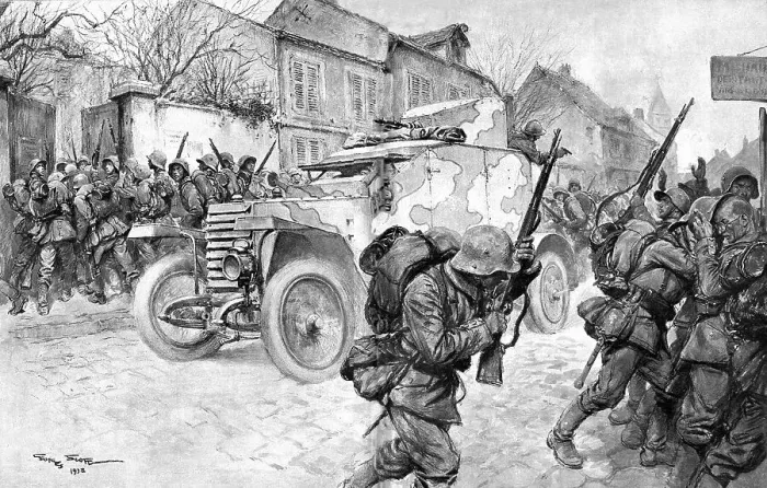 Framed Print : Le bolide qui passe; une auto-mitrailleuse de cavalerie francaise regagne nos lignes... 1918. Creator: Georges Bertin Scott Framed Print : Le bolide qui passe; une auto-mitrailleuse de cavalerie francaise regagne nos lignes... 1918. Creator: Georges Bertin Scott