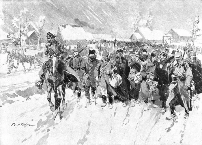 Framed Print : Le calvaire des six cents otages; l'arrivee a Zosle, en Lithuanie, le 12 janvier 1918, des... 1918 Creator: Frederic de Haenen Framed Print : Le calvaire des six cents otages; l'arrivee a Zosle, en Lithuanie, le 12 janvier 1918, des... 1918 Creator: Frederic de Haenen