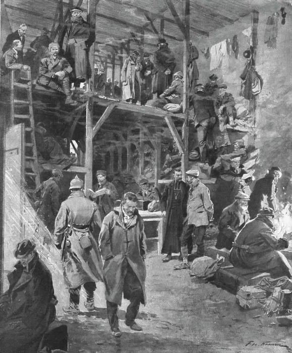Framed Print : Le calvaire des six cents otages; Vue interieure de la grange de Milejgany ou furent... 1918. Creator: Frederic de Haenen Framed Print : Le calvaire des six cents otages; Vue interieure de la grange de Milejgany ou furent... 1918. Creator: Frederic de Haenen