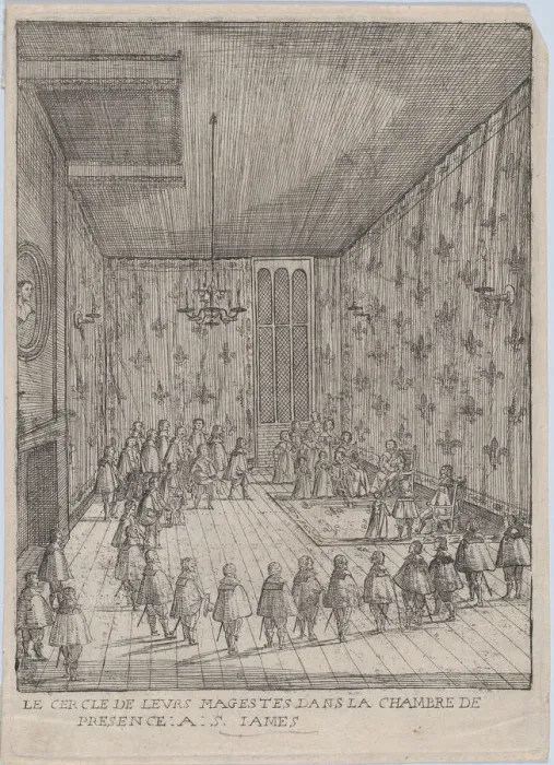 Framed Print : Le Cercle De Leurs Magestes Dans La Chambre De Presence: A: S. Iames; illustration from H... 1639. Creator: Anon Framed Print : Le Cercle De Leurs Magestes Dans La Chambre De Presence: A: S. Iames; illustration from H... 1639. Creator: Anon