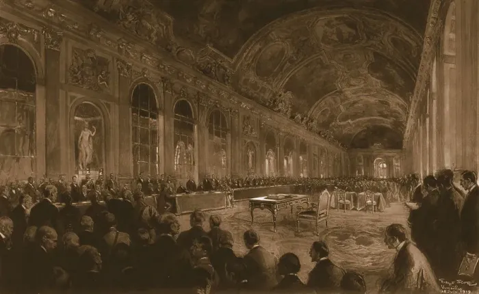 Framed Print : Le congres de la paix dans la galerie des glaces du chateau de Versailles; M. Clemenceau... 1919. Creator: Unknown Framed Print : Le congres de la paix dans la galerie des glaces du chateau de Versailles; M. Clemenceau... 1919. Creator: Unknown
