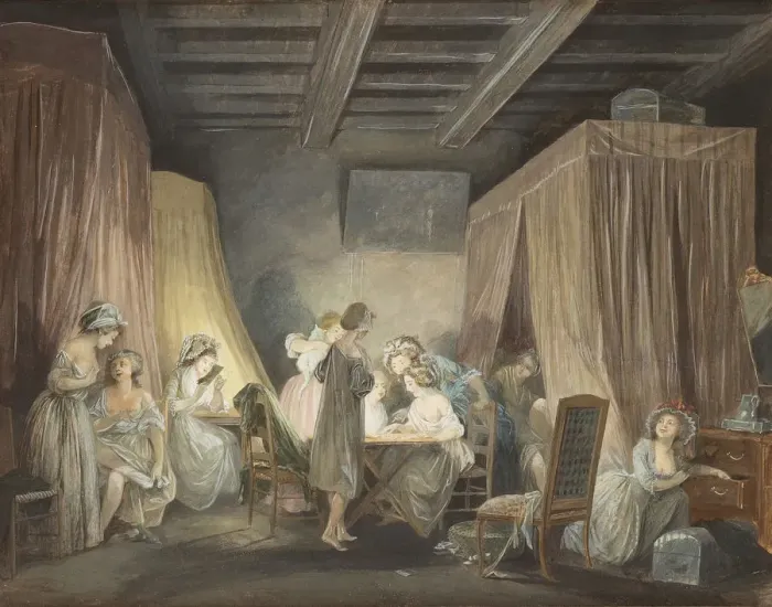 Framed Print : Le Coucher des Ouvrieres en Modes, 1788. Artist: Lafrensen, Niclas (1737-1807) Framed Print : Le Coucher des Ouvrieres en Modes, 1788. Artist: Lafrensen, Niclas (1737-1807)