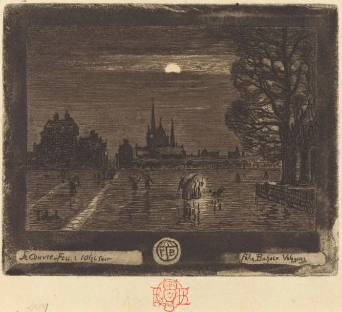 Framed Print : Le Couvre-Feu (The Curfew) [recto], 1874  /  1875. Creator: Felix Hilaire Buhot