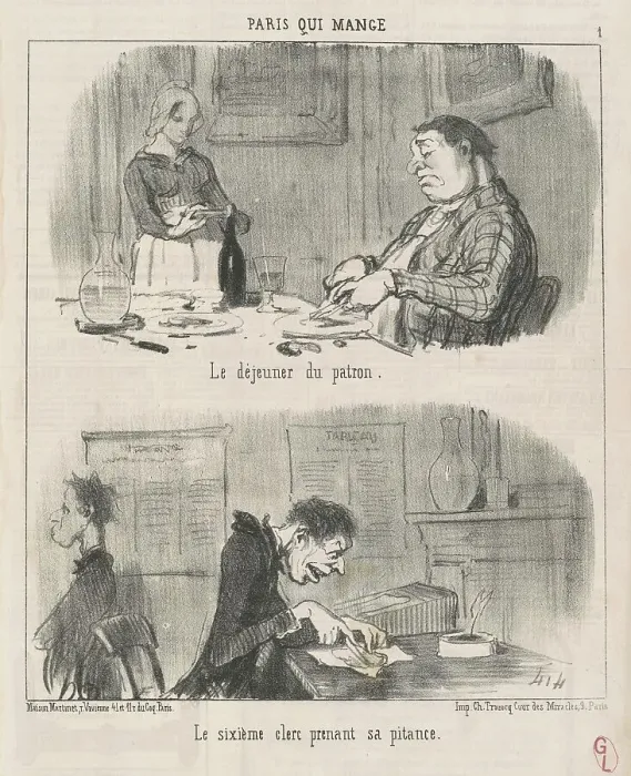 Framed Print : Le déjeuner du patron; le sixiéme clerc prenant sa pitance, 19th century. Creator: Honore Daumier Framed Print : Le déjeuner du patron; le sixiéme clerc prenant sa pitance, 19th century. Creator: Honore Daumier