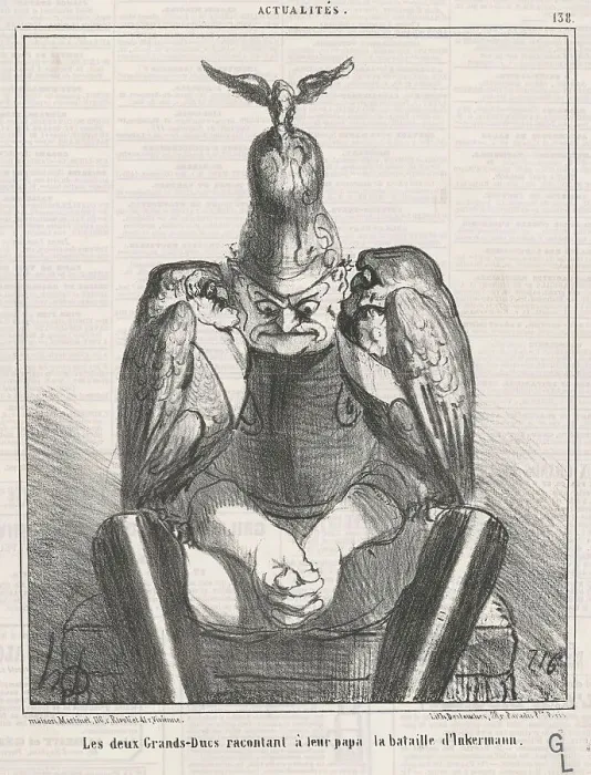 Framed Print : Le deux grands ducs racontant...Inkermann, 19th century. Creator: Honore Daumier