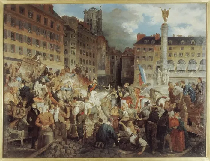 Framed Print : Le ducd'Orléans, se rendant à l'hôtel de ville, traverse la place du Châtelet, le 31 juillet 1830. Creator: Prosper Lafaye Framed Print : Le ducd'Orléans, se rendant à l'hôtel de ville, traverse la place du Châtelet, le 31 juillet 1830. Creator: Prosper Lafaye