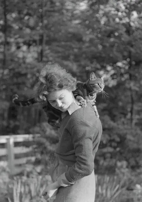 Framed Print : Le Gallienne, Eva, with cat, outdoors, 1937 Creator: Arnold Genthe Framed Print : Le Gallienne, Eva, with cat, outdoors, 1937 Creator: Arnold Genthe
