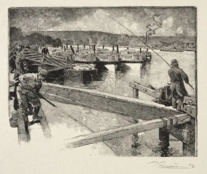 Framed Print : Le garage des bateaux-omnibus. Creator: Auguste Louis Lepere (French, 1849-1918) Framed Print : Le garage des bateaux-omnibus. Creator: Auguste Louis Lepere (French, 1849-1918)