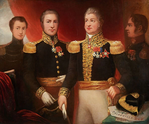 Le général Léopold Hugo avec deux de ses frères et son fils Abel en uniforme de la... c.1825. Creator: Julie Hugo