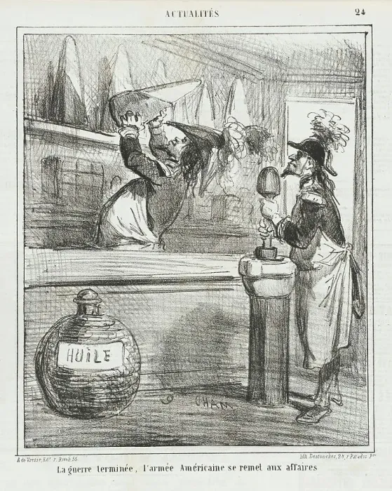 Framed Print : Le guerre [etant] terminée, l'armée Américaine se remet aux affaires, 1866. Creator: Cham