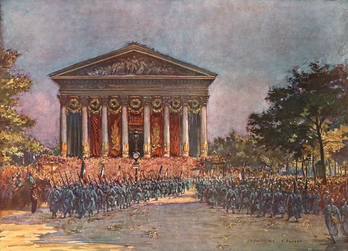 Framed Print : Le jour de gloire; Devant l'Eglise de la Madeleine, 1919. Creator: Charles-Jules Duvent Framed Print : Le jour de gloire; Devant l'Eglise de la Madeleine, 1919. Creator: Charles-Jules Duvent