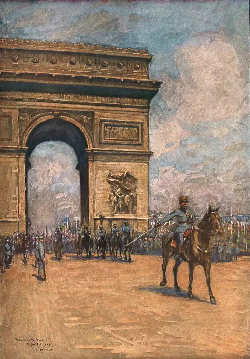 Framed Print : Le jour de gloire; Le General Mangin, en tete de l'Armee Coloniale, passe sous l'Arc de... 1919. Creator: Charles-Jules Duvent