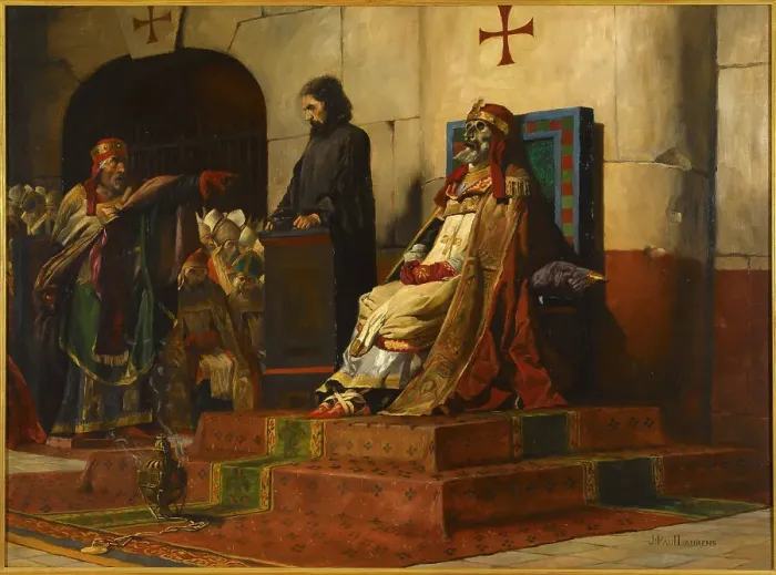 Framed Print : Le jugement du pape Formose, c.1870. Creator: Jean-Paul Laurens Framed Print : Le jugement du pape Formose, c.1870. Creator: Jean-Paul Laurens