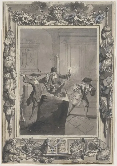 Framed Print : Le Lutrin: A Night Scene with Boirude, Brontin, and L'Amour Surprised by an Owl Flying... c. 1718. Creators: Bernard Picart, Nicolas Boileau Despreaux Framed Print : Le Lutrin: A Night Scene with Boirude, Brontin, and L'Amour Surprised by an Owl Flying... c. 1718. Creators: Bernard Picart, Nicolas Boileau Despreaux