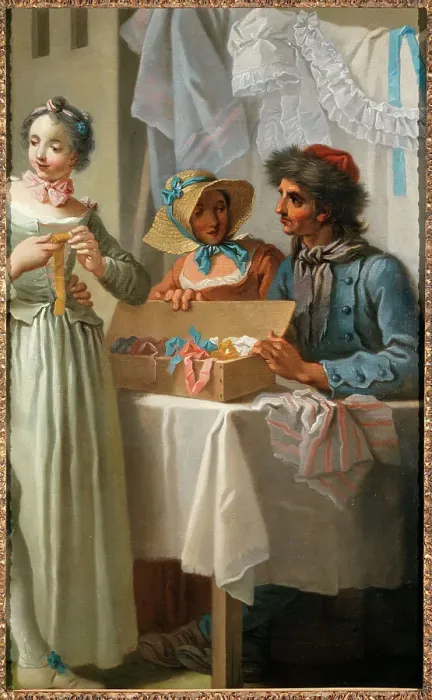 Framed Print : Le marchand de rubans (fragment), c1753. Creator: Etienne Jeaurat Framed Print : Le marchand de rubans (fragment), c1753. Creator: Etienne Jeaurat