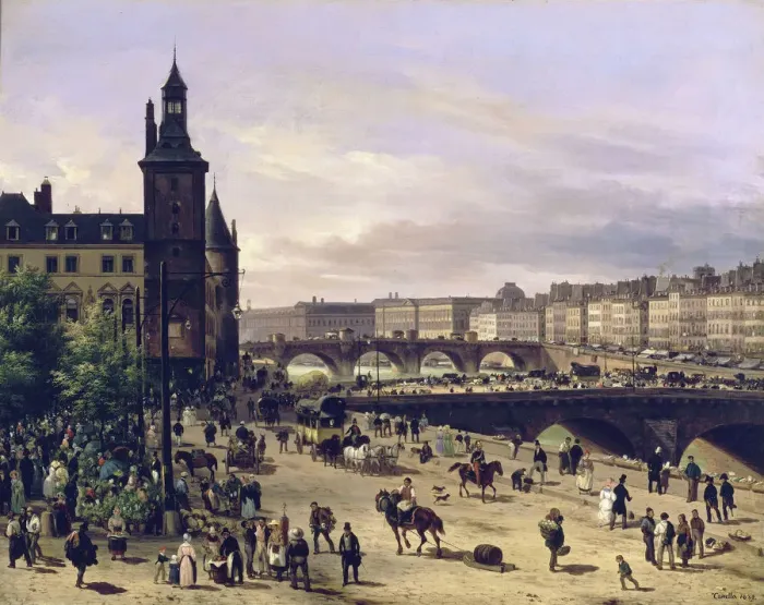Framed Print : Le marche aux fleurs, la Tour de l Horloge, le Pont au Change et le Pont-Neuf, 1832 Framed Print : Le marche aux fleurs, la Tour de l Horloge, le Pont au Change et le Pont-Neuf, 1832