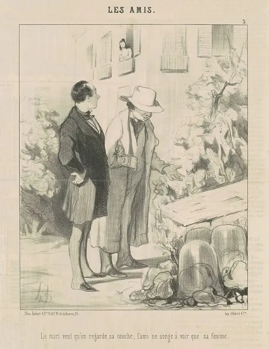 Framed Print : Le mari veut qu'on regarde sa couche... 19th century. Creator: Honore Daumier Framed Print : Le mari veut qu'on regarde sa couche... 19th century. Creator: Honore Daumier
