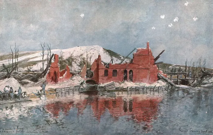 Framed Print : Le Moulin de Fargny, ou passait la premiere ligne francaise, et le Chapeau de... 1916 (1924) Creator: Francois Flameng Framed Print : Le Moulin de Fargny, ou passait la premiere ligne francaise, et le Chapeau de... 1916 (1924) Creator: Francois Flameng