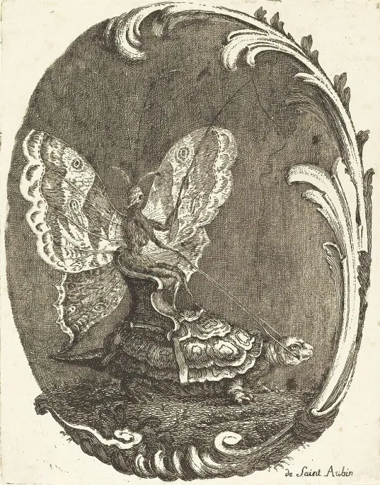 Framed Print : Le Papillon et la Tortue (The Butterfly and the Turtle), in or after 1756. Creator: Charles-Germain de Saint-Aubin Framed Print : Le Papillon et la Tortue (The Butterfly and the Turtle), in or after 1756. Creator: Charles-Germain de Saint-Aubin