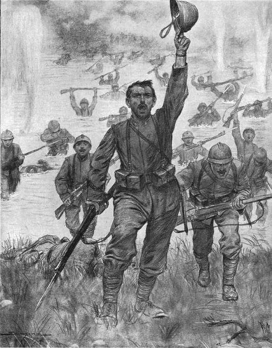 Framed Print : Le passage a gue de l'Isonzo par l'infanterie Italienne, 1916. Creator: J Simont Framed Print : Le passage a gue de l'Isonzo par l'infanterie Italienne, 1916. Creator: J Simont