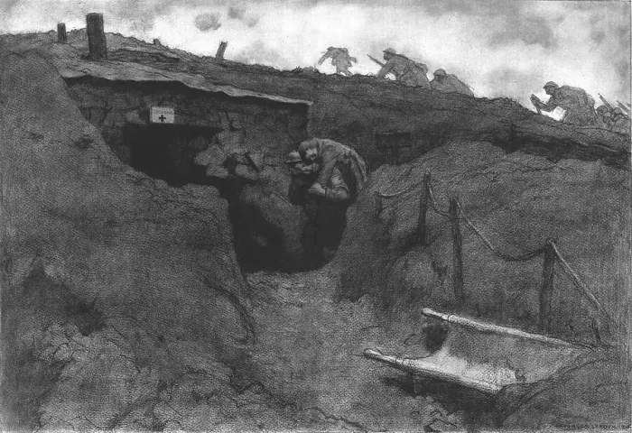 Framed Print : Le poste de secours; un brancardier apporte sur son dos un blesse, tandis que des... 1916. Creator: Georges Leroux Framed Print : Le poste de secours; un brancardier apporte sur son dos un blesse, tandis que des... 1916. Creator: Georges Leroux