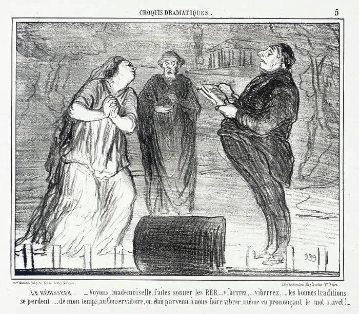 Framed Print : Le Régisseur. - Voyons, mademoiselle, faites sonner les RRR... 1856. Creator: Honore Daumier Framed Print : Le Régisseur. - Voyons, mademoiselle, faites sonner les RRR... 1856. Creator: Honore Daumier