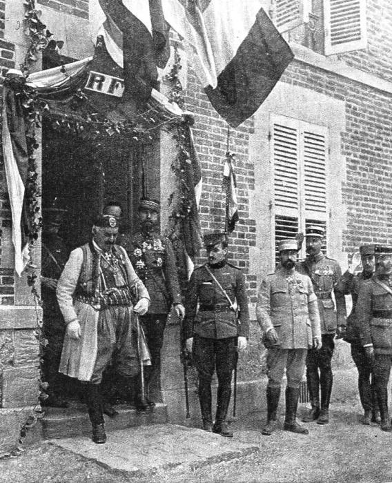 Framed Print : Le roi du Montenegro sortant du quartier general du general Gouraud, 1916. Creator: Unknown Framed Print : Le roi du Montenegro sortant du quartier general du general Gouraud, 1916. Creator: Unknown