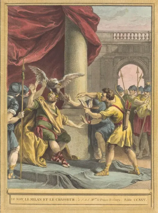 Framed Print : Le roi, le milan, et le chasseur (The King, the Kite, and the Hunter), published 1759 Framed Print : Le roi, le milan, et le chasseur (The King, the Kite, and the Hunter), published 1759
