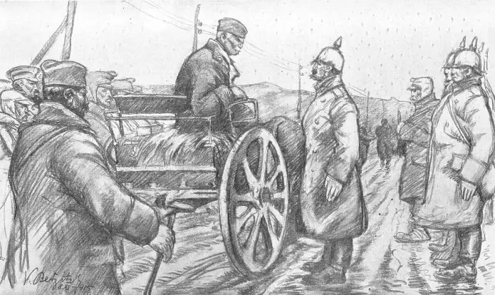 Framed Print : Le roi Pierre, quittant la Vieille-Serbie, interroge des prisonniers allemands qu'il... 1916. Creator: Vladimir Betzitch Framed Print : Le roi Pierre, quittant la Vieille-Serbie, interroge des prisonniers allemands qu'il... 1916. Creator: Vladimir Betzitch