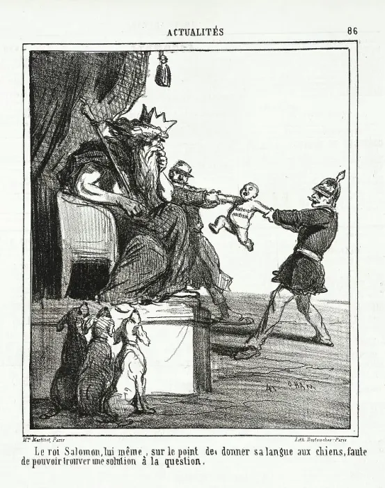 Framed Print : Le roi Salomon, lui -même, sur le point de donner sa langue aux chiens, faute de pouvoir... 1864. Creator: Cham Framed Print : Le roi Salomon, lui -même, sur le point de donner sa langue aux chiens, faute de pouvoir... 1864. Creator: Cham
