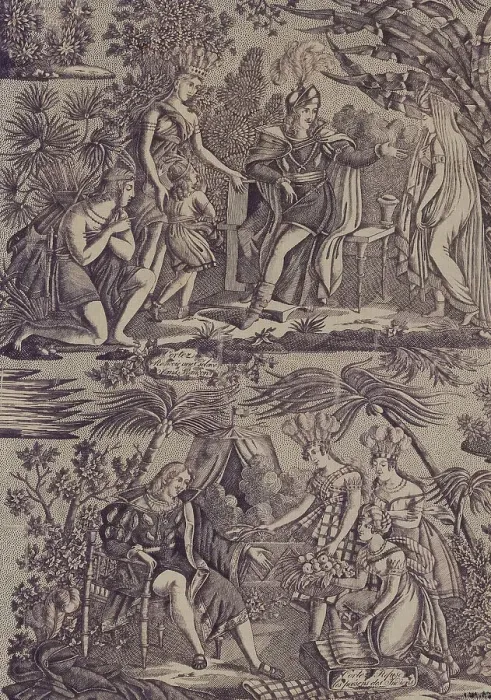 Framed Print : Le Romance du Cortés (The Song of Cortez) (Furnishing Fabric), Nantes, 1815. Creator: Favre-Petitpierre et Cie Framed Print : Le Romance du Cortés (The Song of Cortez) (Furnishing Fabric), Nantes, 1815. Creator: Favre-Petitpierre et Cie