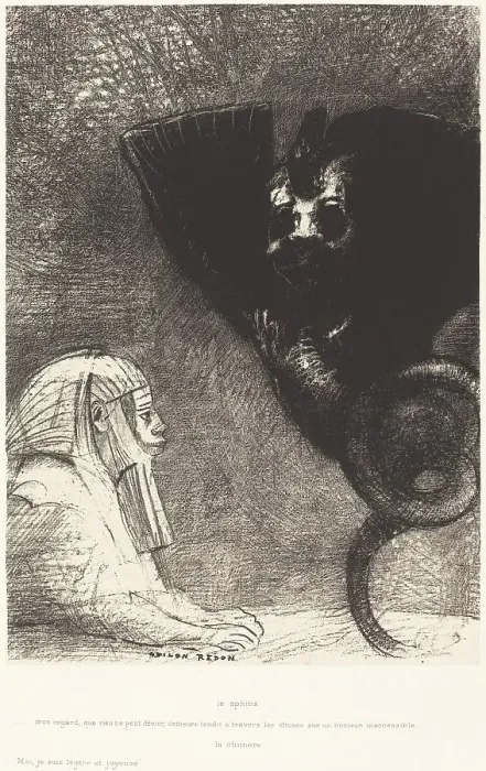 Framed Print : Le Sphynx...mon regard que rien ne peut devier, demeure tendu a travers les choses... 1889. Creator: Odilon Redon Framed Print : Le Sphynx...mon regard que rien ne peut devier, demeure tendu a travers les choses... 1889. Creator: Odilon Redon
