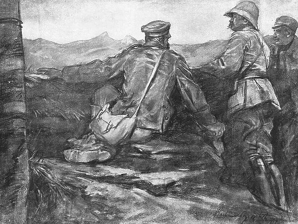 'Le Terrain de l'offensive; Prisonnier bulgare montrant a deux officiers, un Francais... 1918. Creator: Unknown