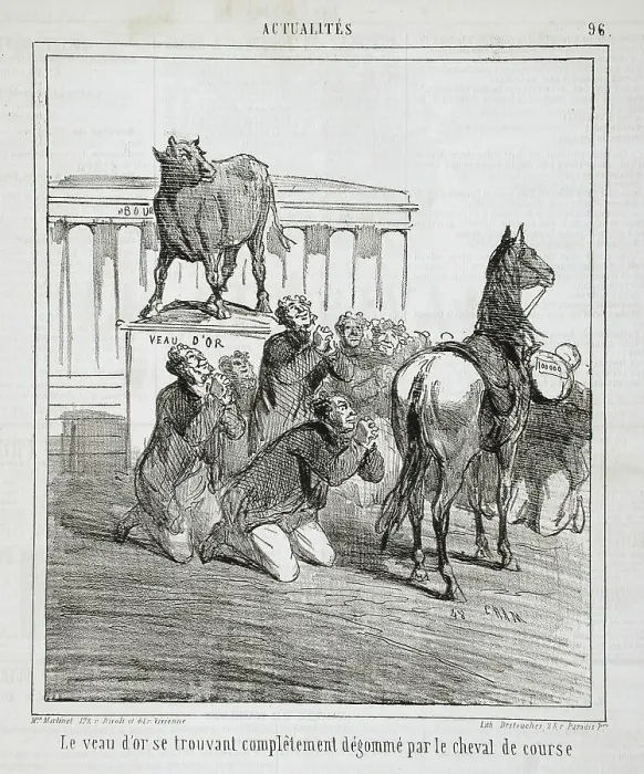 Framed Print : Le veau d'or se trouvant complêtement dégommé par le cheval de course, 1864. Creator: Cham Framed Print : Le veau d'or se trouvant complêtement dégommé par le cheval de course, 1864. Creator: Cham
