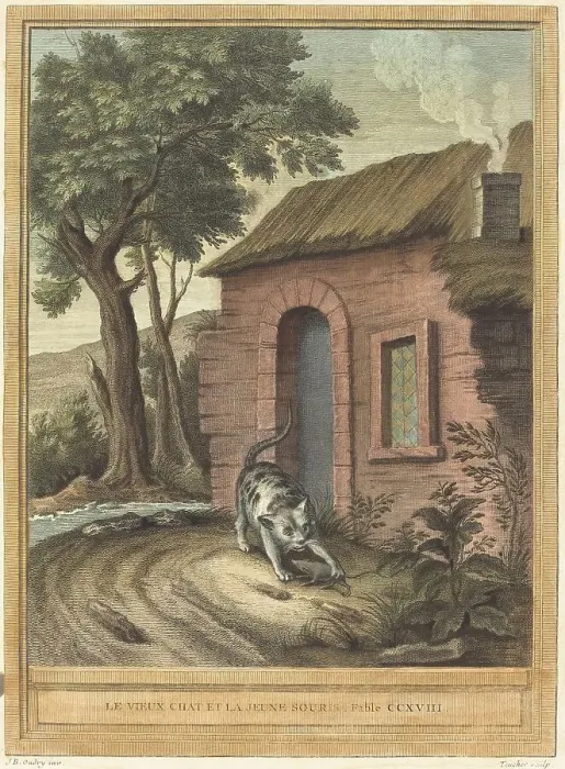 Framed Print : Le vieux chat et la jeune Souris (The Old Catand the Young Mouse), published 1759. Creator: Johann Christoph Teucher Framed Print : Le vieux chat et la jeune Souris (The Old Catand the Young Mouse), published 1759. Creator: Johann Christoph Teucher