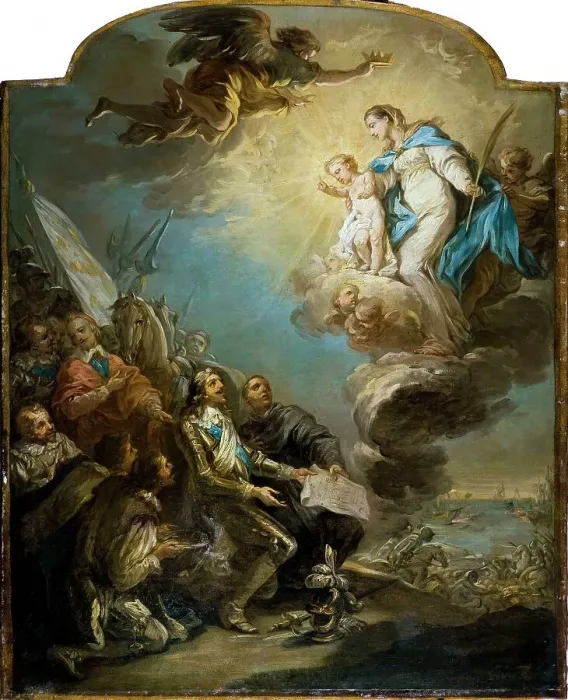 Framed Print : Le Voeu de Louis XIII au siège de la Rochelle en 1628, esquisse du tableau du Maître... c1737-1747. Creator: Carle van Loo Framed Print : Le Voeu de Louis XIII au siège de la Rochelle en 1628, esquisse du tableau du Maître... c1737-1747. Creator: Carle van Loo