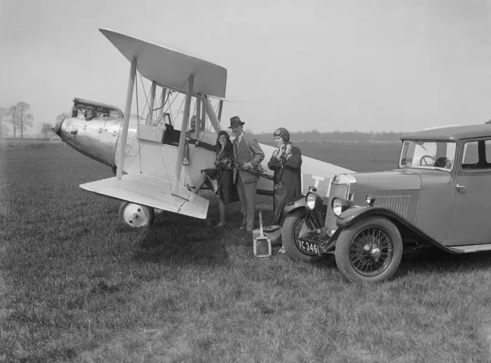 Framed Print : Lea-Francis V type saloon and Blackburn Bluebird aeroplane, c1930. Artist: Bill Brunell Framed Print : Lea-Francis V type saloon and Blackburn Bluebird aeroplane, c1930. Artist: Bill Brunell