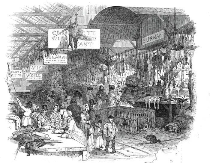 Framed Print : Leadenhall Market, on Christmas Eve, 1845. Creator: W. J. Linton Framed Print : Leadenhall Market, on Christmas Eve, 1845. Creator: W. J. Linton