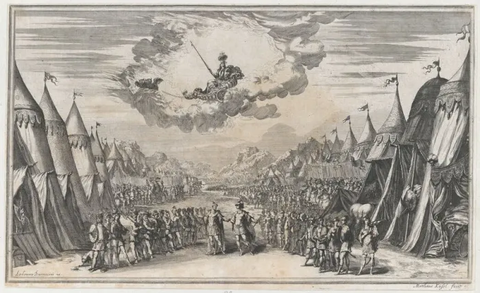 Framed Print : The leaders of two armies conversing, their respective troops and camps on either side; ab... 1668. Creator: Mathaus Küsel Framed Print : The leaders of two armies conversing, their respective troops and camps on either side; ab... 1668. Creator: Mathaus Küsel