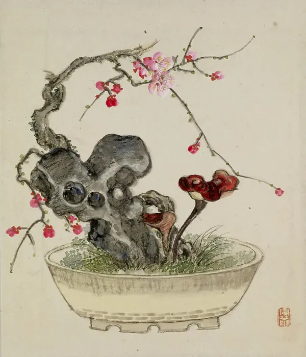 Framed Print : Leaf from Album Depicting Birds, Flowers, Landscapes, and Flower Pots, 1876. Creator: Yoshizawa Setsuan Framed Print : Leaf from Album Depicting Birds, Flowers, Landscapes, and Flower Pots, 1876. Creator: Yoshizawa Setsuan