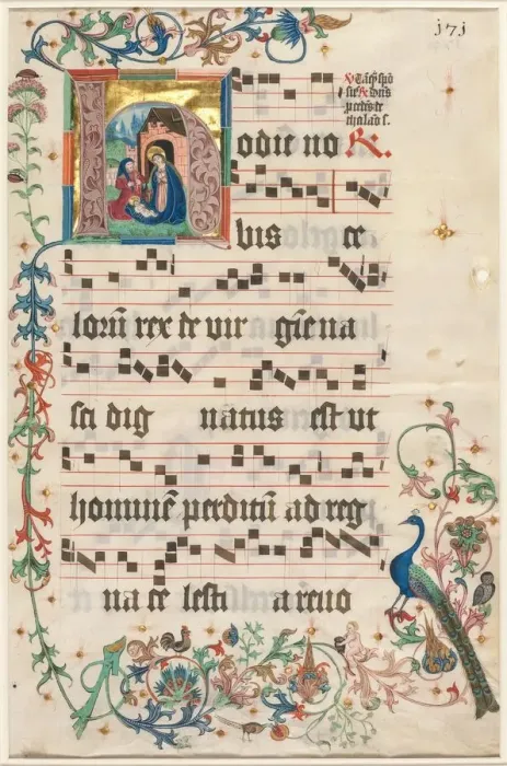 Framed Print : Leaf from an Antiphonary: Initial H with the Nativity (recto) and Text (verso), c Framed Print : Leaf from an Antiphonary: Initial H with the Nativity (recto) and Text (verso), c
