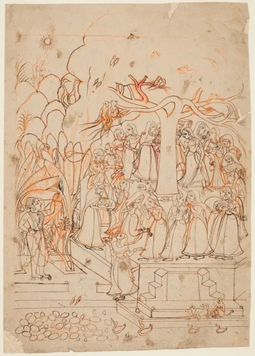 Framed Print : A leaf from a Baramasa series: the month Jyestha (May-June), Krishna watches the Gopis Framed Print : A leaf from a Baramasa series: the month Jyestha (May-June), Krishna watches the Gopis