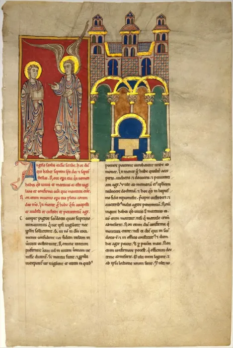 Framed Print : Leaf from a Beatus Manuscript: the Angel of the Church of Sardis with Saint John, ca Framed Print : Leaf from a Beatus Manuscript: the Angel of the Church of Sardis with Saint John, ca