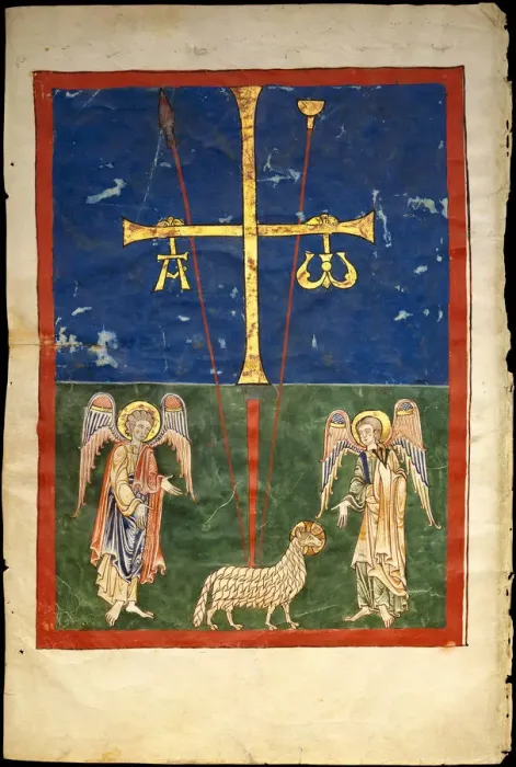 Framed Print : Leaf from a Beatus Manuscript: the Lamb at the Foot of the Cross, Flanked by Two Angels Framed Print : Leaf from a Beatus Manuscript: the Lamb at the Foot of the Cross, Flanked by Two Angels