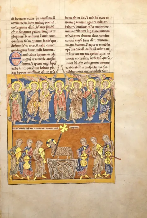 Framed Print : Leaf from a Beatus Manuscript: Seven Angels Hold the Cups of the Seven Last Plagues Framed Print : Leaf from a Beatus Manuscript: Seven Angels Hold the Cups of the Seven Last Plagues